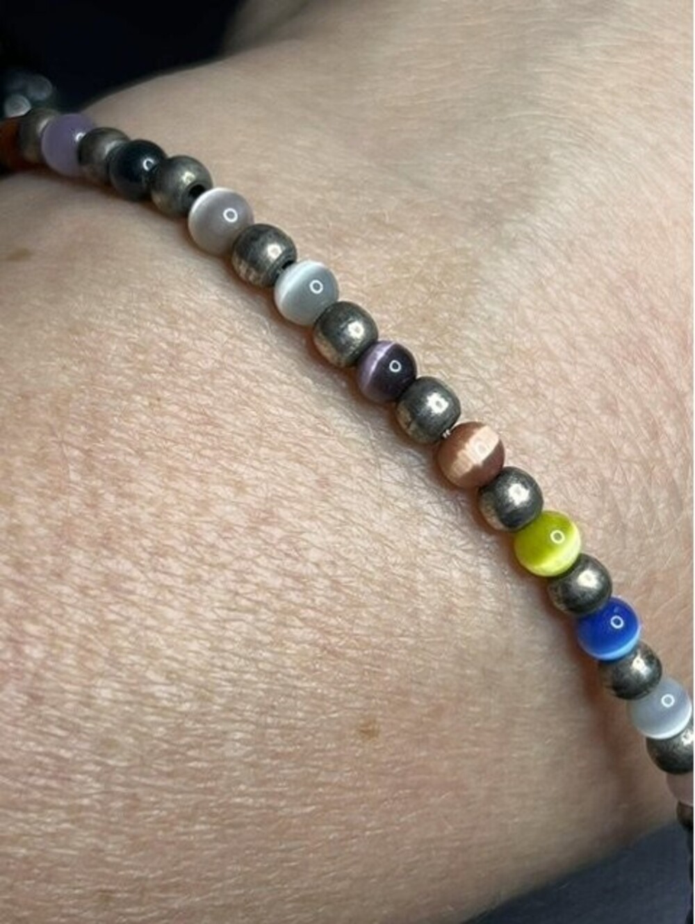 B6245 Cat Eye Beaded Bracelet Anklet Sterling Silver Toggle Clasp 10.7" Boho